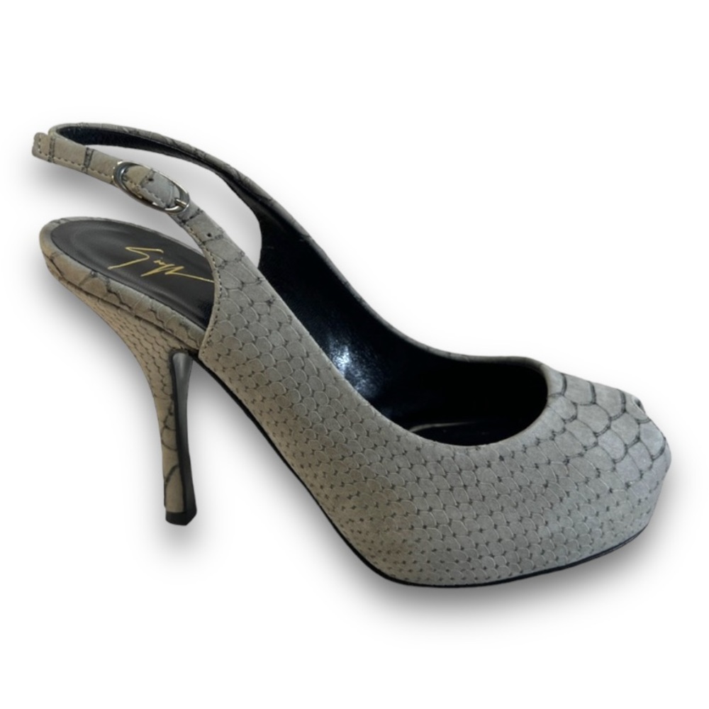 GIUSEPPE ZANOTTI DESIGN Gray Suede Leather Reptile Peep Toe Slingback Heels 6